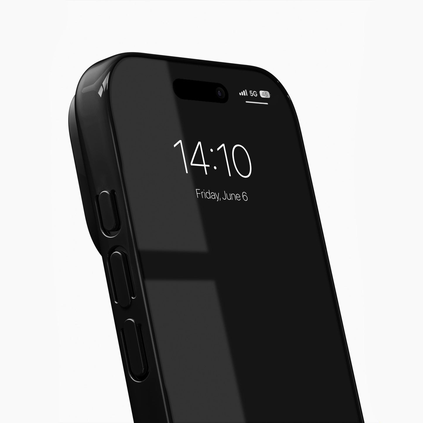 Slim MagSafe Cover Glossy Black til iPhone 17 Pro, sideknapper, tid 14:10, dato fredag 6. juni, skærmrefleksion.