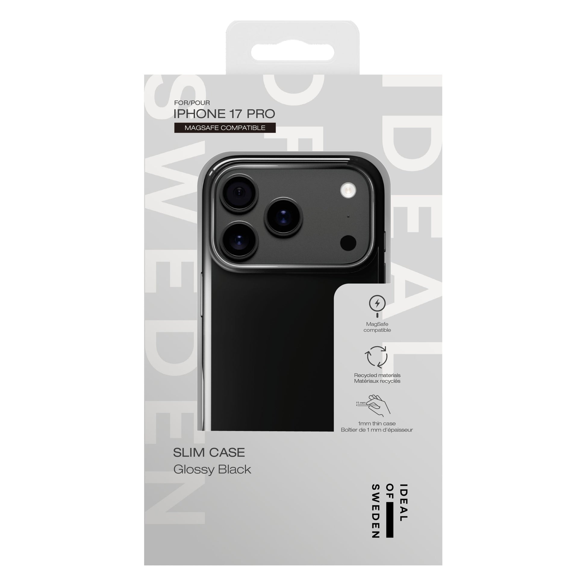 IDEAL OF SWEDEN Slim MagSafe Cover Glossy Black til iPhone 17 Pro, emballage viser cover på telefon og MagSafe-funktion.