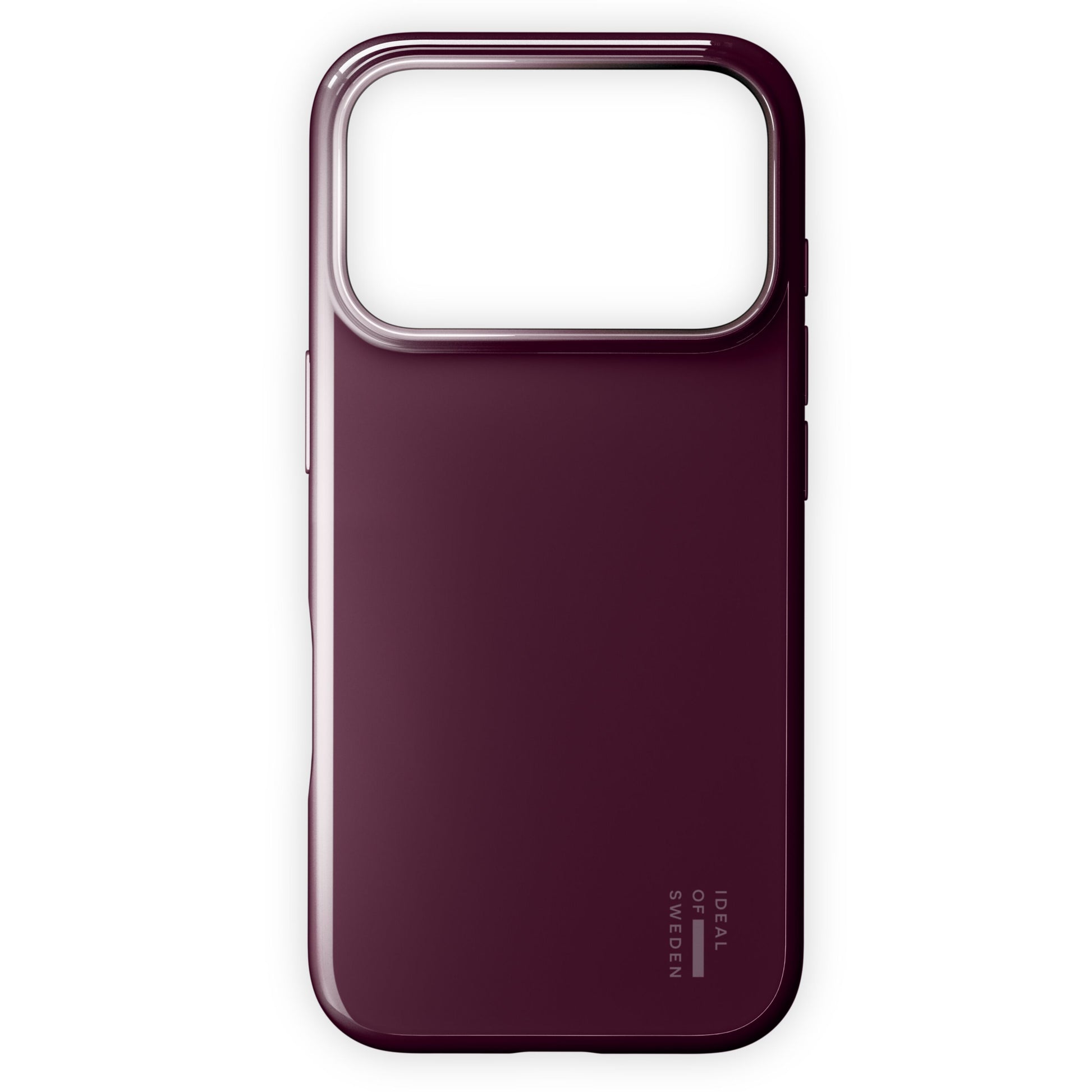 IDEAL OF SWEDEN Slim MagSafe Cover iPhone 17 Pro Glossy Cherry, mørkelilla, stor rektangulær kameracutout, hvid logo.