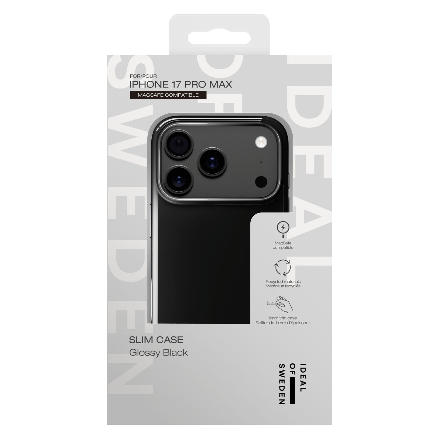 Ideal Of Sweden Slim MagSafe Cover til iPhone 17 Pro Max Glossy Black, delvist på telefon, ikoner og info i sort/grå.