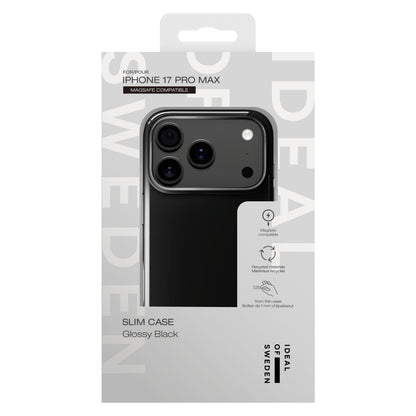 Ideal Of Sweden Slim MagSafe Cover til iPhone 17 Pro Max Glossy Black, delvist på telefon, ikoner og info i sort/grå.