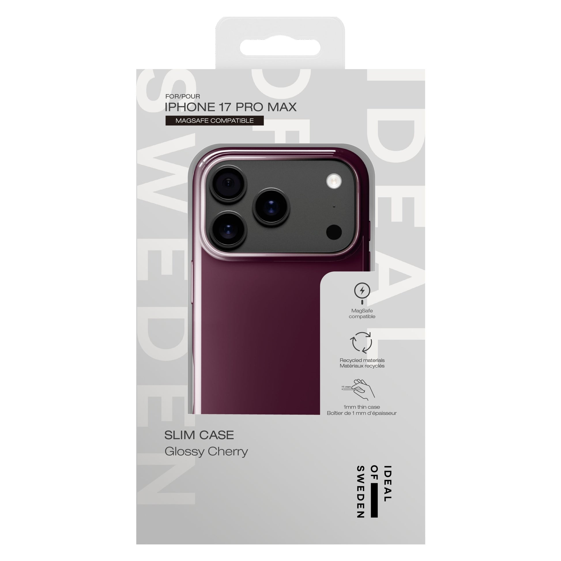 IDEAL OF SWEDEN Slim MagSafe Cover Glossy Cherry til iPhone 17 Pro Max i original emballage med logo og produktinfo.