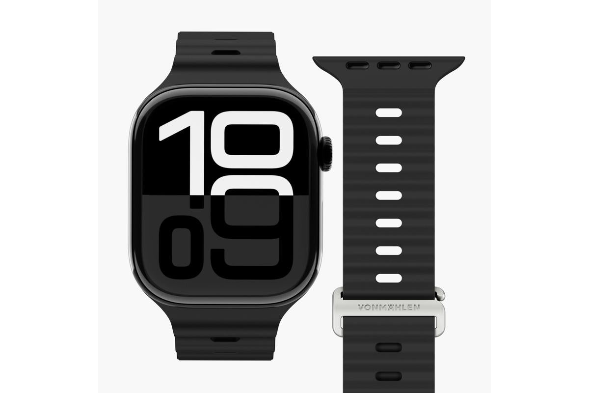 Vonmählen Wave Band 2 urrem til Apple Watch i sort, genanvendt silikone, sølvspænde, digital skærm viser 10:09, vandtæt.