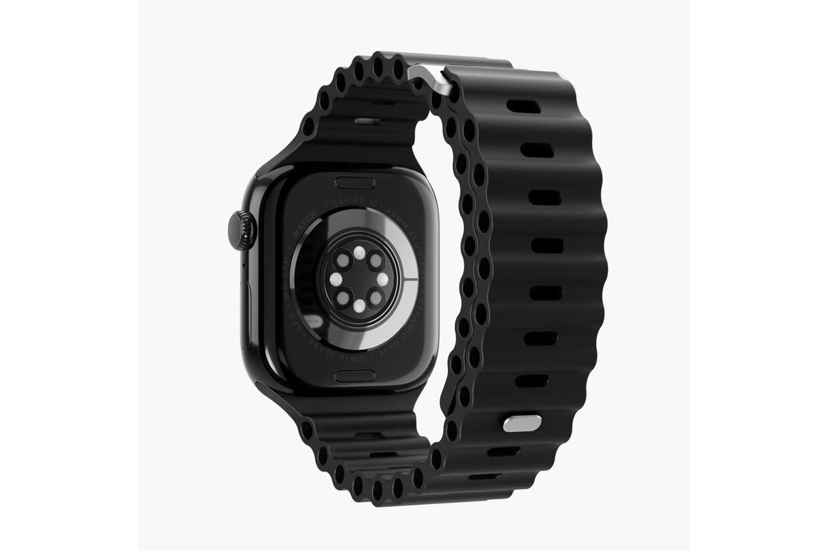 Vonmählen Wave Band 2 urrem til Apple Watch, sort, runde sensorudskæringer, bølget perforeret genbrugssilikone, vandtæt.