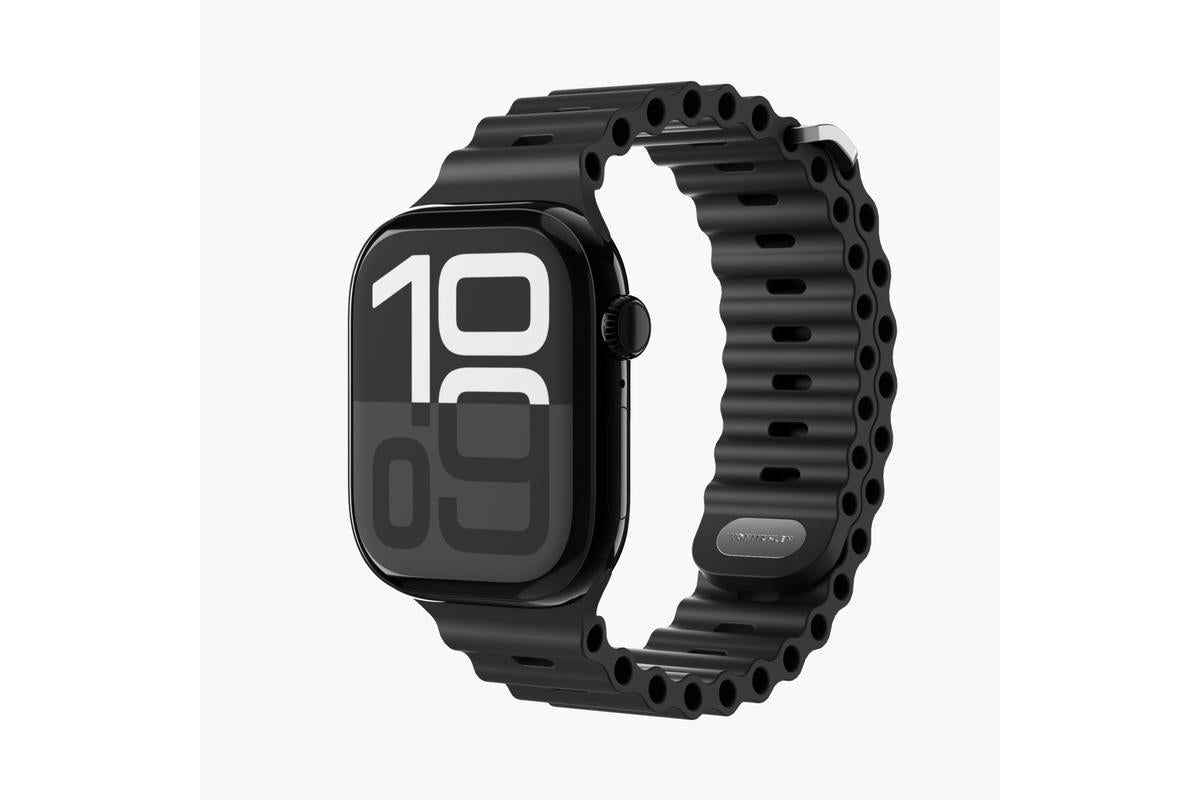 Vælg Wave Band 2 urrem til Apple Watch, sort genanvendt silikone med tekstur og rund-led design.