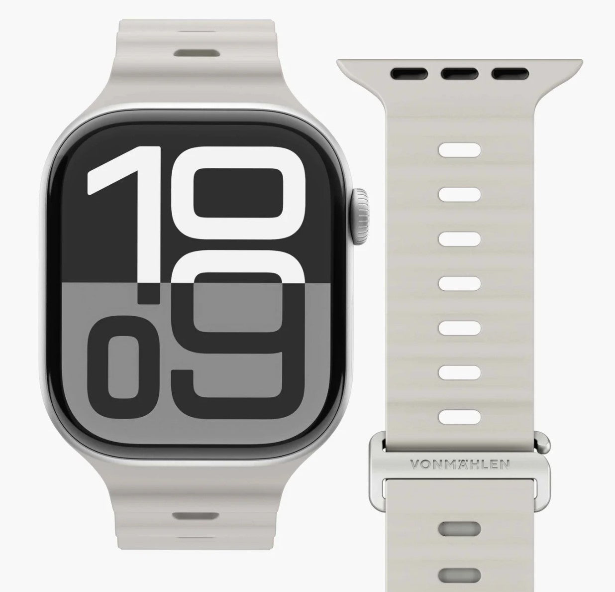 Vonmählen Wave Band 2 silikonerem til Apple Watch, creme, beige, skridsikker, VONMÄHLEN indgraveret på spændet.