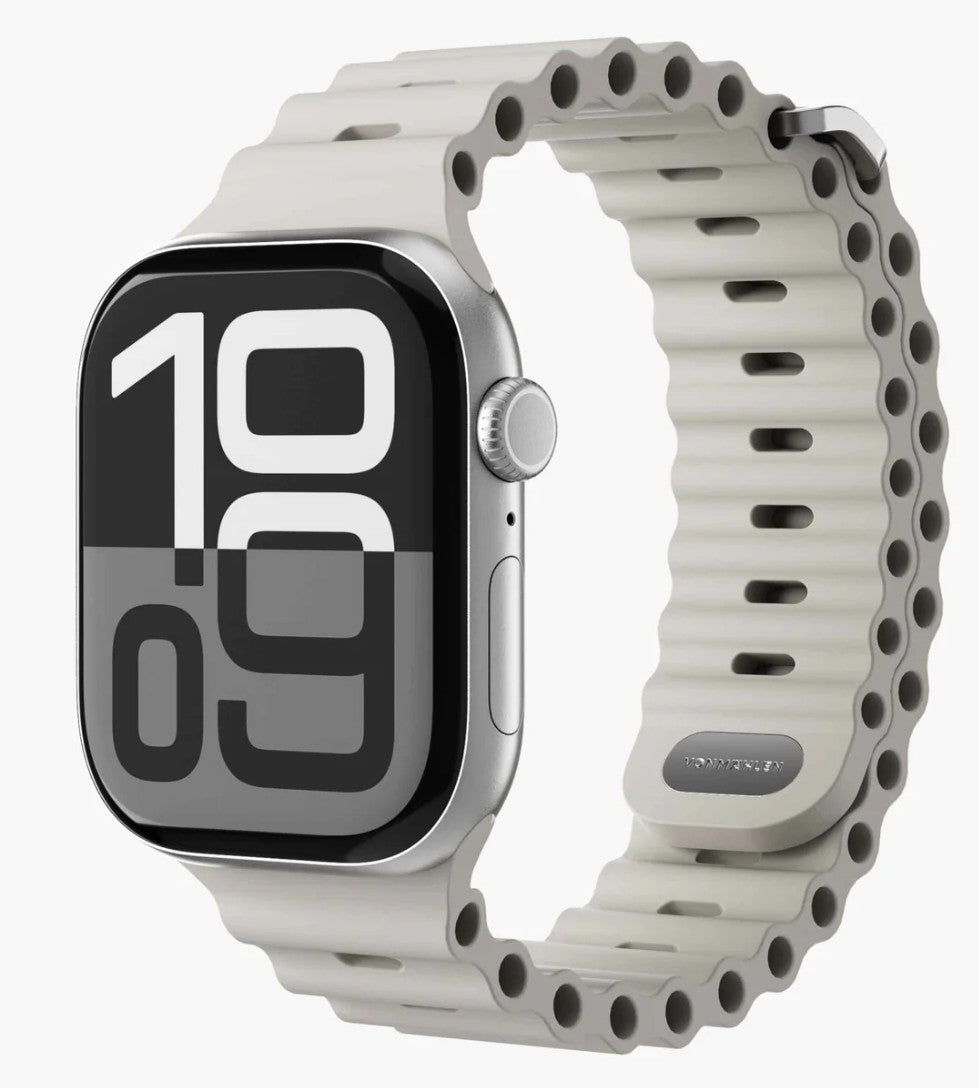Vonmählen Wave Band 2 til Apple Watch creme, hvid riflet genanvendt silikone, skridsikkert design, urskive viser 10:09.
