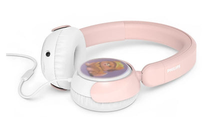 Philips TAK4206 trådløse on-ear børnehovedtelefoner til børn i rosa/hvid med bamsemotiv og hvidt kabel, 85 dB max volumen.