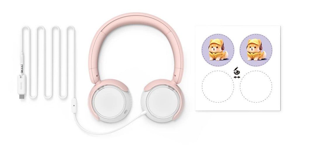 Philips TAK4206 trådløse on-ear børnehovedtelefoner til børn rosa med USB-C kabel, lydadapter, klistermærker, 85 dB volumegrænse.