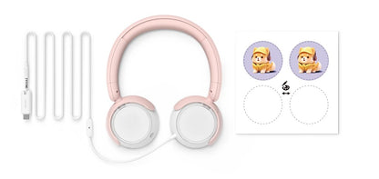 Philips TAK4206 trådløse on-ear børnehovedtelefoner til børn rosa med USB-C kabel, lydadapter, klistermærker, 85 dB volumegrænse.