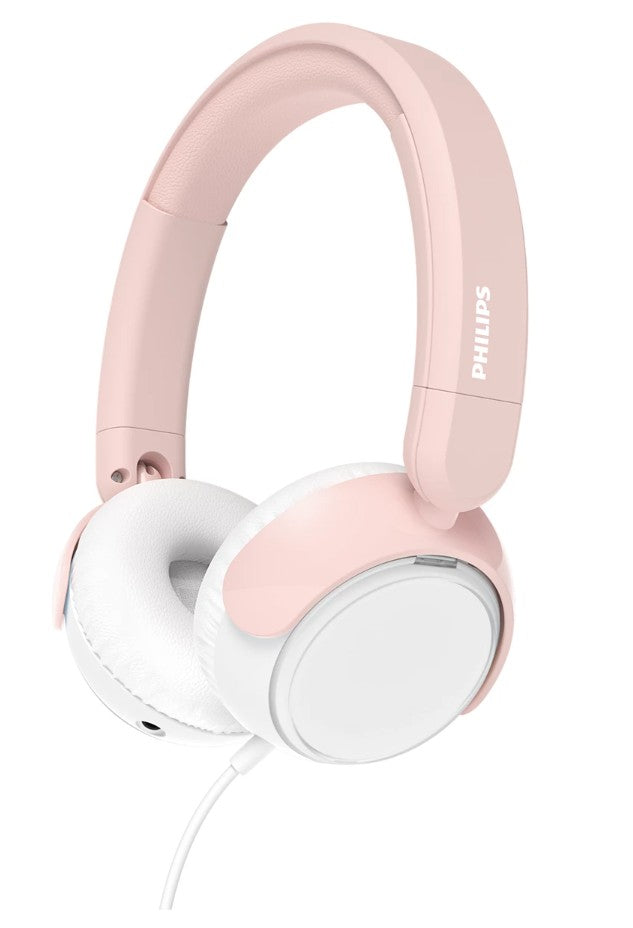 Philips TAK4206 trådløse on-ear børnehovedtelefoner til børn, rosa, polstret bøjle, 85 dB begrænsning, hvidt lydkabel venstre.