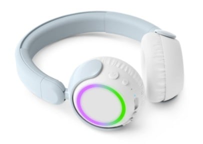 Philips K4206 trådløse børnehovedtelefoner med blå LED-paneler, blødt polstrede ørepuder og over-ear design.