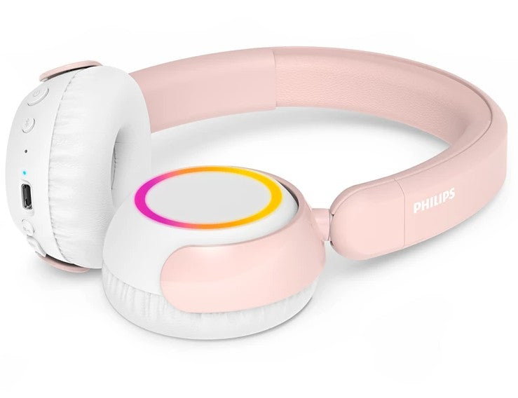Philips TAK4206 trådløse børnehovedtelefoner i rosa med lysende ørekopper, USB-C-port, Bluetooth-knapper, 85 dB begrænsning.