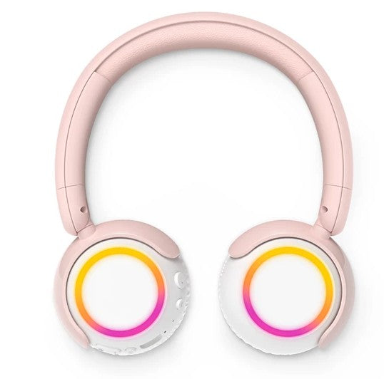 Philips TAK4206 trådløse børnehovedtelefoner rosa, hvide ørekopper med lys i gul, orange og pink, volumenbegrænset til 85 dB.