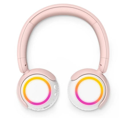 Philips TAK4206 trådløse børnehovedtelefoner rosa, hvide ørekopper med lys i gul, orange og pink, volumenbegrænset til 85 dB.