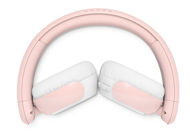 Philips TAK4206 trådløse børnehovedtelefoner, rosa med lysende ørekopper, pink hovedbånd, grå ørepuder, foldet sammen.