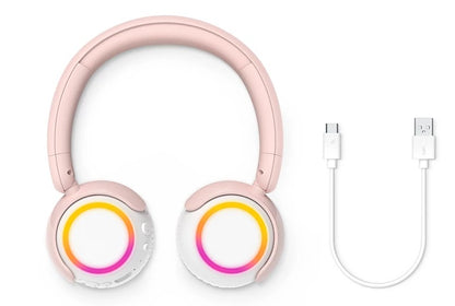 Philips TAK4206 trådløse børnehovedtelefoner 85 dB volumenbegrænsning, LED-gule/lyserøde ørekopper, hvidt USB-ladekabel.