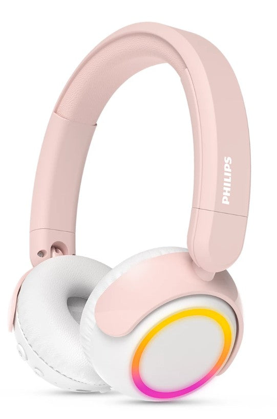 Philips TAK4206 trådløse børnehovedtelefoner i rosa med hvide ørepuder, LED-lys i gul/orange/pink, volumen 85 dB.