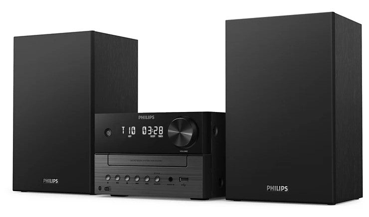 Philips mikromusiksystem TAM3505 sort med to slags højttalere, digitalt display, kontrolknap og CD-slot.