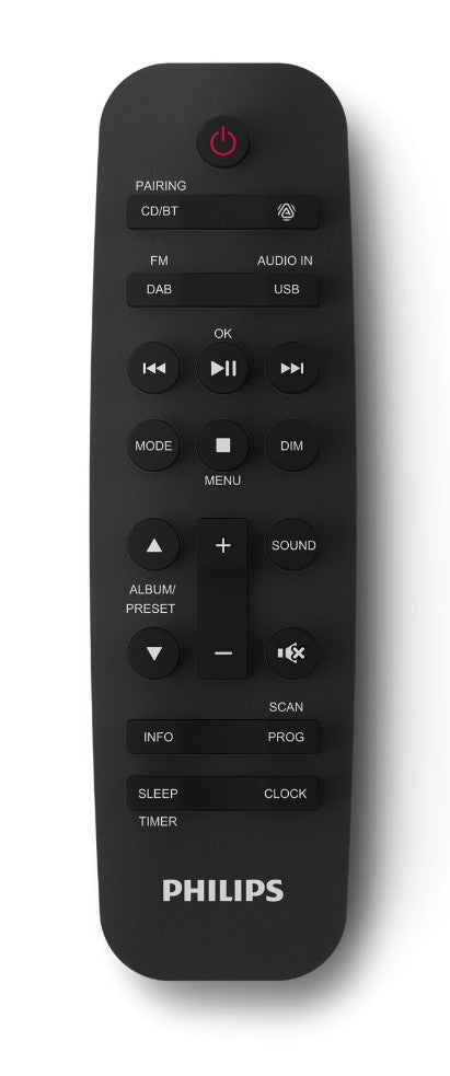 Philips fjernbetjening sort til Mikromusiksystem TAM3505 med knapper til strøm, radio, CD/BT, audio in, USB og menu.