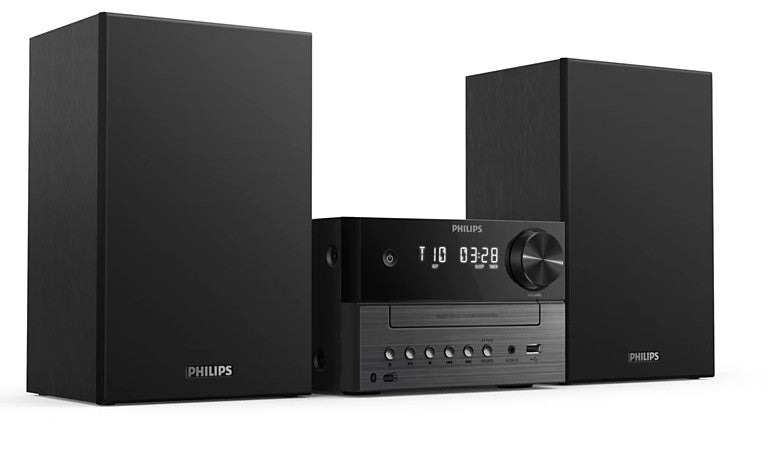 Philips mikromusiksystem TAM3505 sort med to slags højtalere, digitalt display, cd-slot, knapper, port, DAB+/FM og streaming.