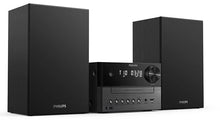 Philips mikromusiksystem TAM3505 sort med to slags højtalere, digitalt display, cd-slot, knapper, port, DAB+/FM og streaming.