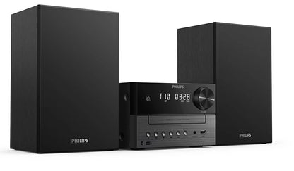 Philips mikromusiksystem TAM3505 sort med to slags højtalere, digitalt display, cd-slot, knapper, port, DAB+/FM og streaming.