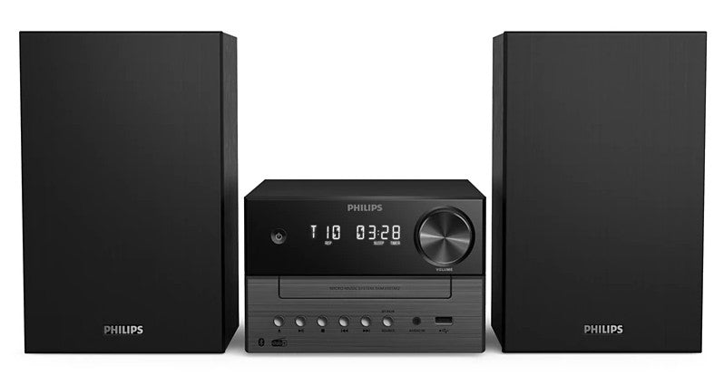 Philips mikromusiksystem TAM3505 sort med to rektangulære højtalere, central enhed med display, knapper og volumenkontrol.