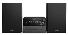 Philips mikromusiksystem TAM3505 sort med to rektangulære højtalere, central enhed med display, knapper og volumenkontrol.