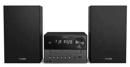Philips mikromusiksystem TAM3505 sort med to rektangulære højtalere, central enhed med display, knapper og volumenkontrol.