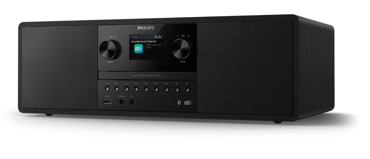 Philips TAM6500 kompakt mikrosystem sort med CD, DAB+, Bluetooth, digitalt display, to drejeknapper, frontporte, sidehøjttalere.