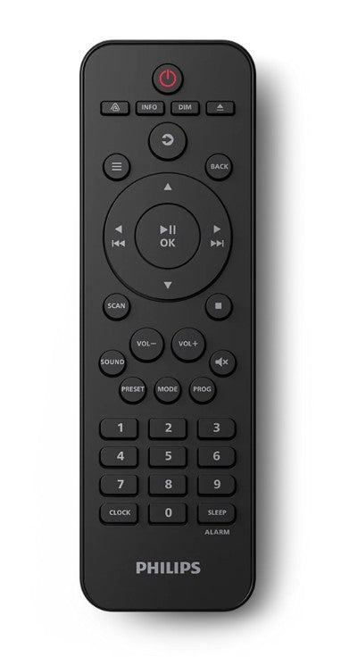 Philips fjernbetjening sort til Kompakt mikrosystem TAM6500 CD DAB+ Bluetooth med nav, afspil, lydstyrke og numerisk tastatur.