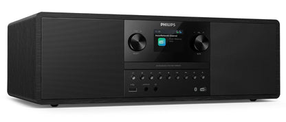 Philips kompakt mikrosystem TAM6500 sort med digitalt display, Bluetooth, CD, DAB+, to drejeknapper og frontporte.
