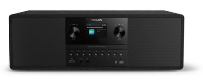 Philips Kompakt mikrosystem TAM6500 sort med digitalt display, knapper, CD-afspiller, DAB+, Bluetooth og inputporte.
