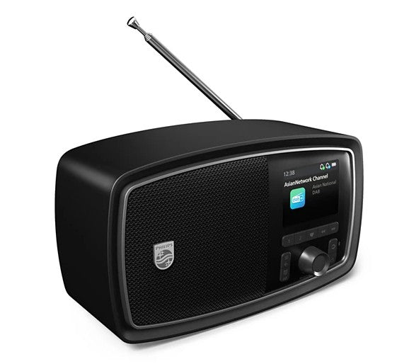 Philips The Janet retroradio sort, bærbar med DAB+, Bluetooth, digitalt display, kontrolknapper, venstre-højtaler, sølvantenne.