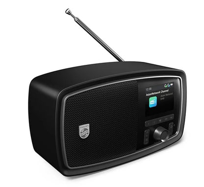 Philips The Janet retroradio sort, bærbar med DAB+, Bluetooth, digitalt display, kontrolknapper, venstre-højtaler, sølvantenne.