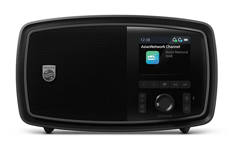 Philips The Janet bærbar retroradio sort med DAB+, Bluetooth 5.4, kontrolknapper, display AsianNetwork 12:38, venstre grill.