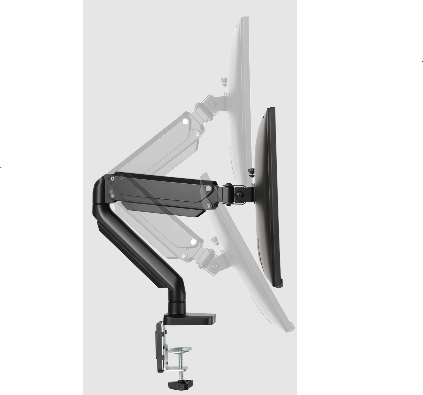 Deltaco Office Premium skærmarm med gasfjeder, sort, 17"-32", monteret på bord, vist i tre vippepositioner.