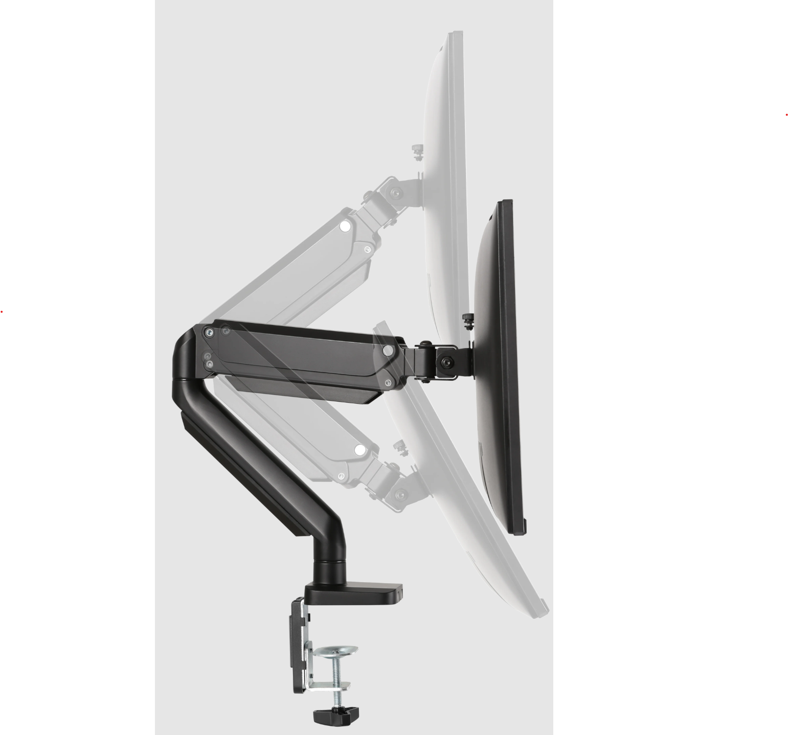 Deltaco Office Premium skærmarm med gasfjeder, sort, 17"-32", monteret på bord, vist i tre vippepositioner.