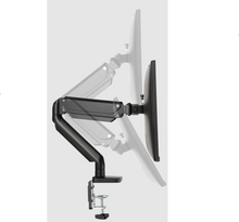 Deltaco Office Premium skærmarm med gasfjeder, sort, 17"-32", monteret på bord, vist i tre vippepositioner.