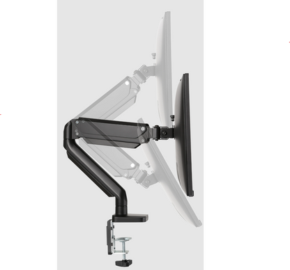 Deltaco Office Premium skærmarm med gasfjeder, sort, 17"-32", monteret på bord, vist i tre vippepositioner.