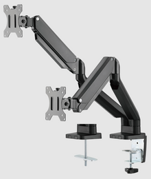 Deltaco dobbelt skærmbeslag til 17"-32" monitorer, sort, fleksibel arm, justerbare led, montering med kraftige klemmer.