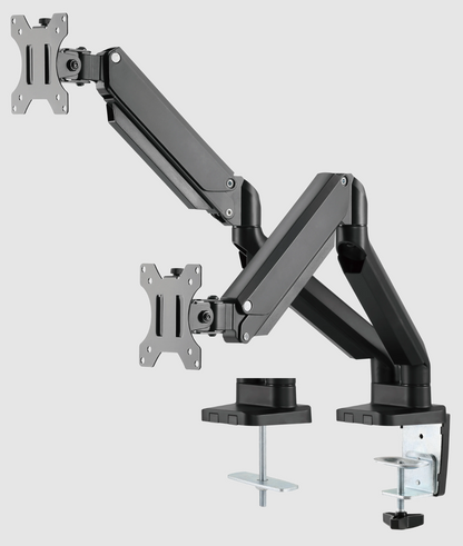 Deltaco dobbelt skærmbeslag til 17"-32" monitorer, sort, fleksibel arm, justerbare led, montering med kraftige klemmer.
