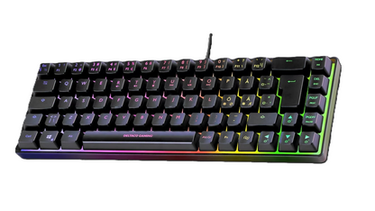 Deltaco RGB gaming keyboard 60 nordisk layout sort, sorte taster med RGB, Deltaco-logo over mellemrumstast, top-center kabel.