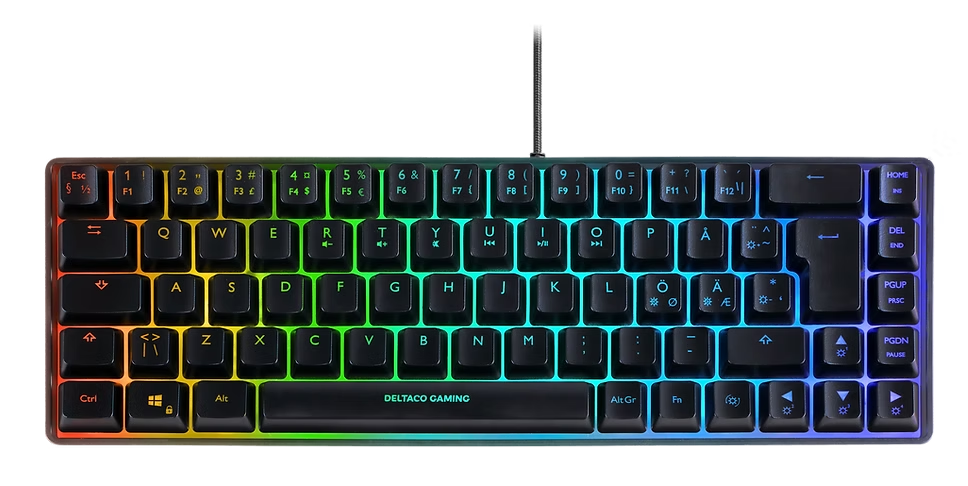 Deltaco RGB-gamingtastatur med nordisk layout, mini 60 design og regnbue baggrundsbelysning, set fra ovn.