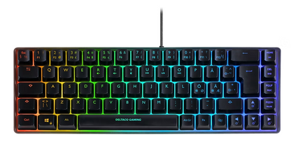 Deltaco RGB-gamingtastatur med nordisk layout, mini 60 design og regnbue baggrundsbelysning, set fra ovn.