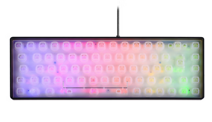 Deltaco RGB Gaming Keyboard 60 Nordic layout Sort uden keycaps fra oven med transparent base og flerfarvet RGB-lys, flettet kabel.
