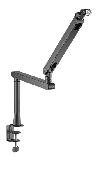 Deltaco lavprofil mikrofonarm sort med to led, justerbar bordklemme og kabelholder til montering ved skrivebordskant.