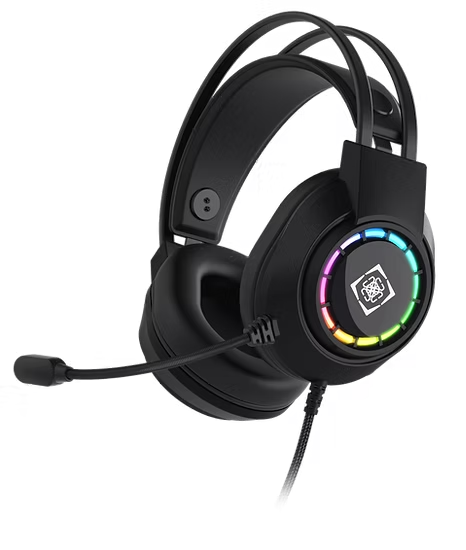Deltaco RGB Stereo Gaming Headset Sort, sort med cirkulært RGB-lys, centreret logo, fast mikrofon, polstret hovedbøjle, store ørepuder.