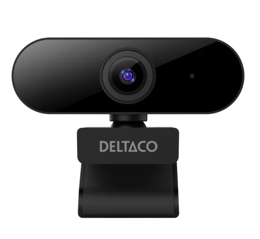 Deltaco webkamera Full HD sort med central linse, indikatorlys, clip-on base til monitor/laptop, USB-A tilslutning.